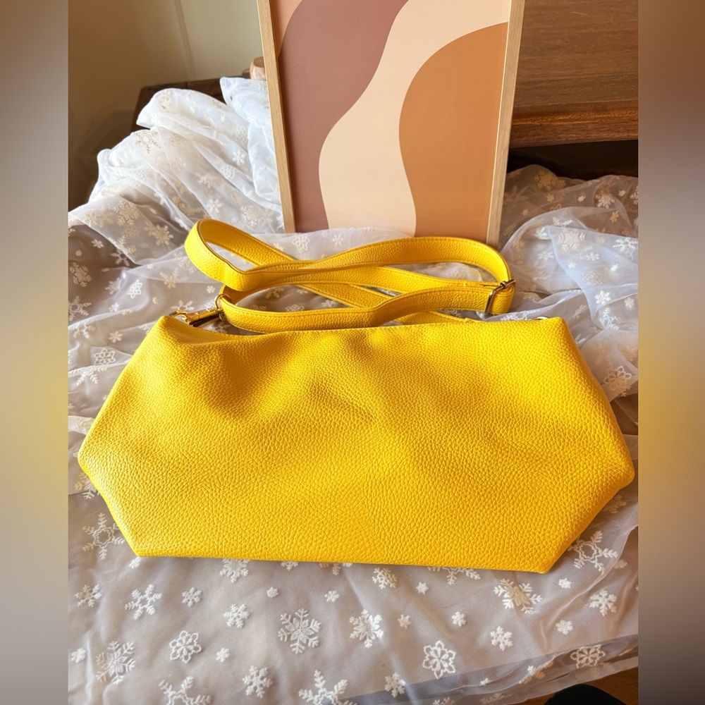 Bright Yellow Pebbled Leather Slouchy Shoulder Bag Minimalist Crossbody